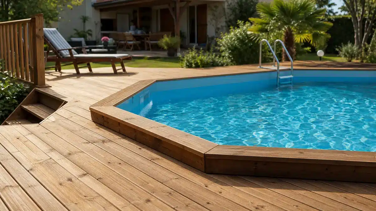 Terrasse en bois pour piscine hors sol : plans, structure, accès et coût à prévoir