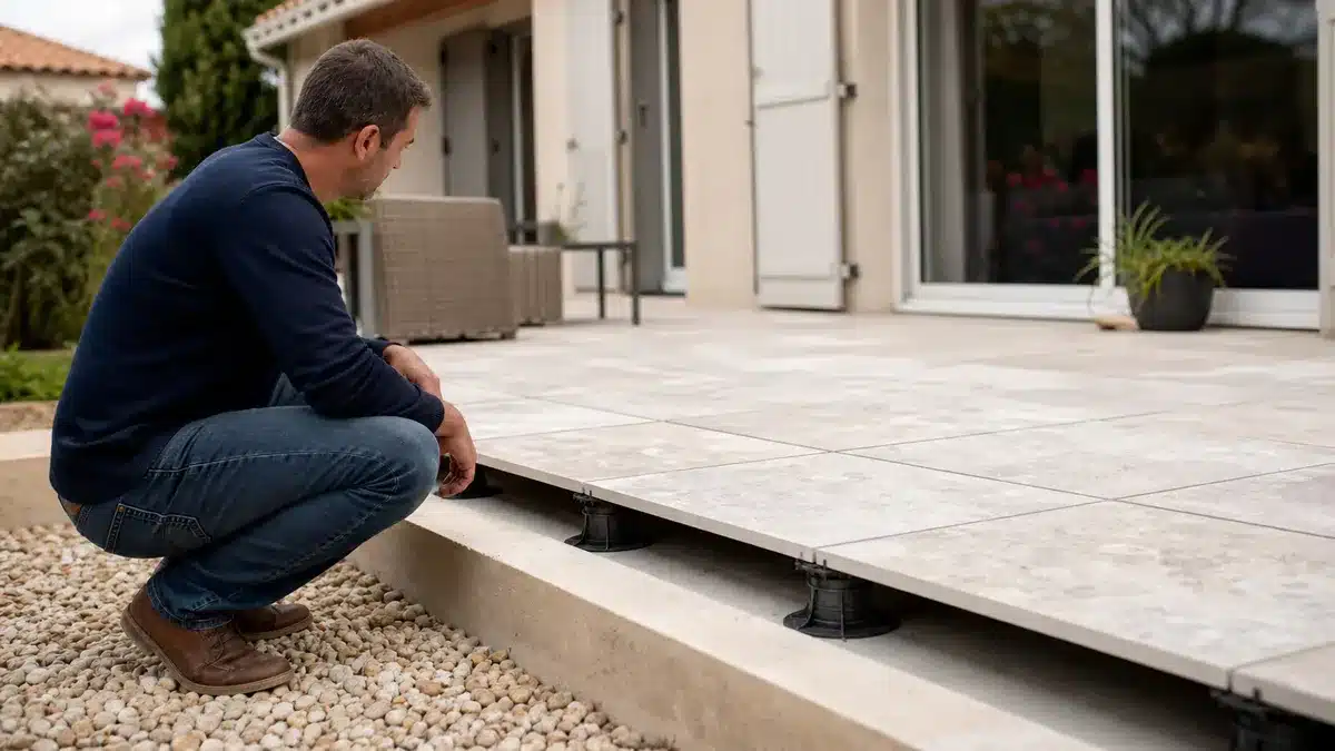 Terrasse en grès cérame : épaisseur, pose sur plots ou collée et budget au m²